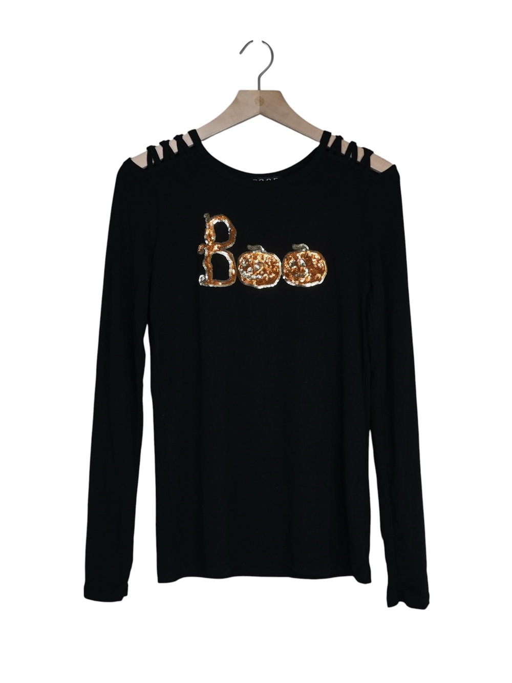 POOF New York Women's M Black Sequin BOO Long Sleeve T-Shirt NEW